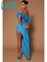 Lunivop Women Summer Bandage Dress Luxury Sexy Off Shoulder Split Feather Midi Gowns Celebrity